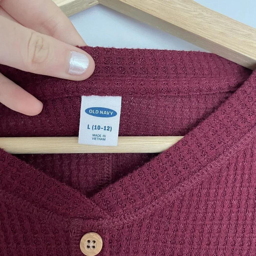 Old Navy sz L kids red waffle‎ knit faux buttons front tie long sleeved sweater